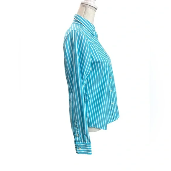 Lauren Ralph Lauren Non-Iron Blue White Striped Button Down Shirt Women’s Small - Picture 3 of 8